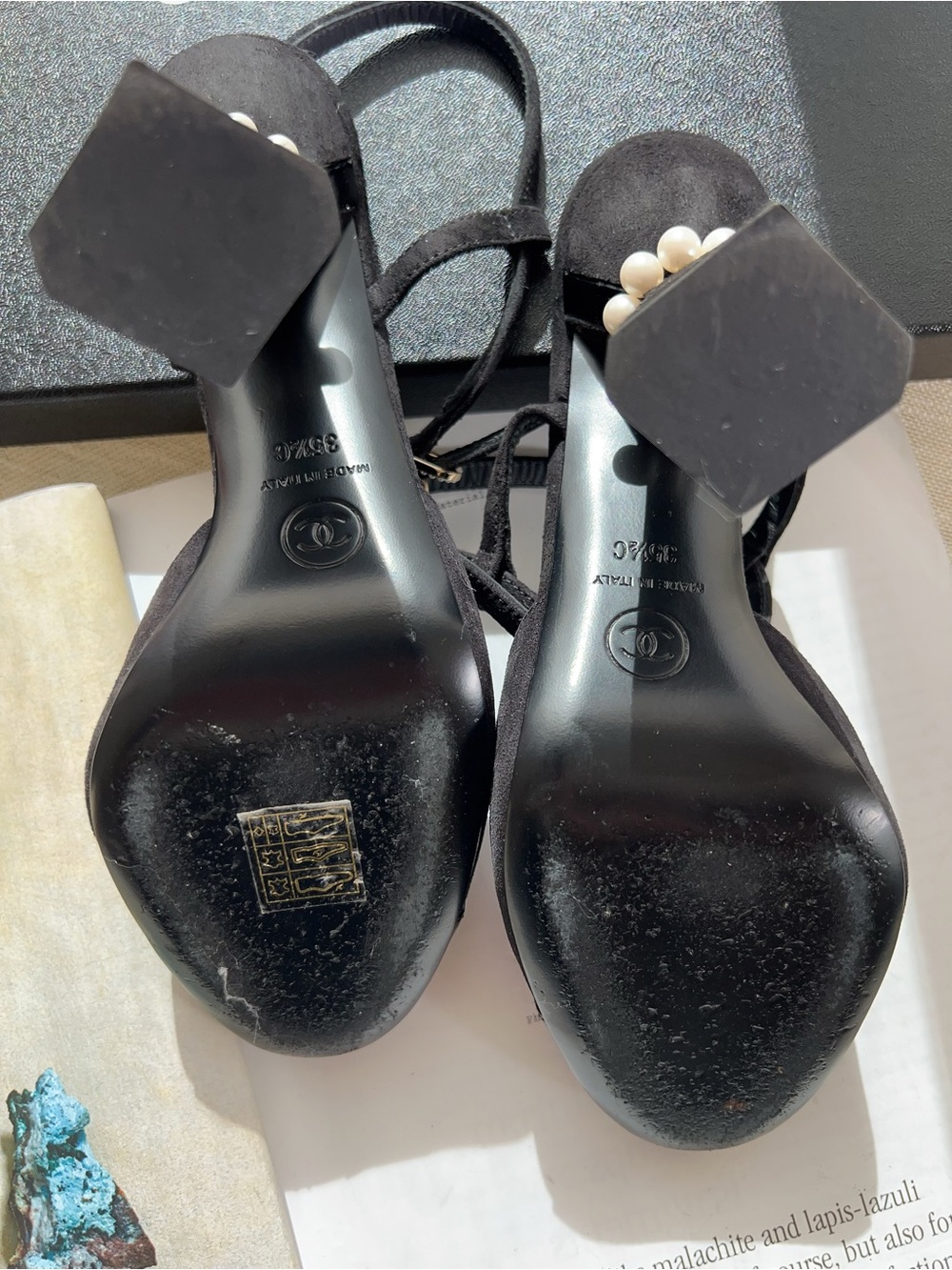 Chanel Black Suede Slingback Heels with Pearl Embellished - Picture 5 of 5